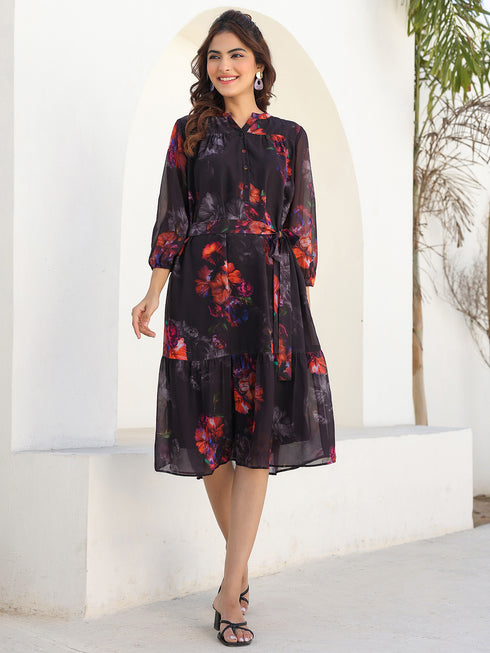 Black Georgette Floral Printed Tiered Dress